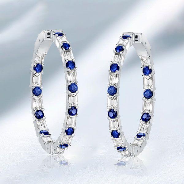 Blue Sapphire Baguette Hoop Earrings - Sterling Silver (7.2 CT)