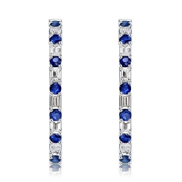 Blue Sapphire Baguette Hoop Earrings - Sterling Silver (7.2 CT)