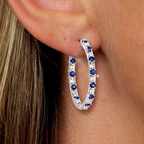 Blue Sapphire Baguette Hoop Earrings - Sterling Silver (7.2 CT)