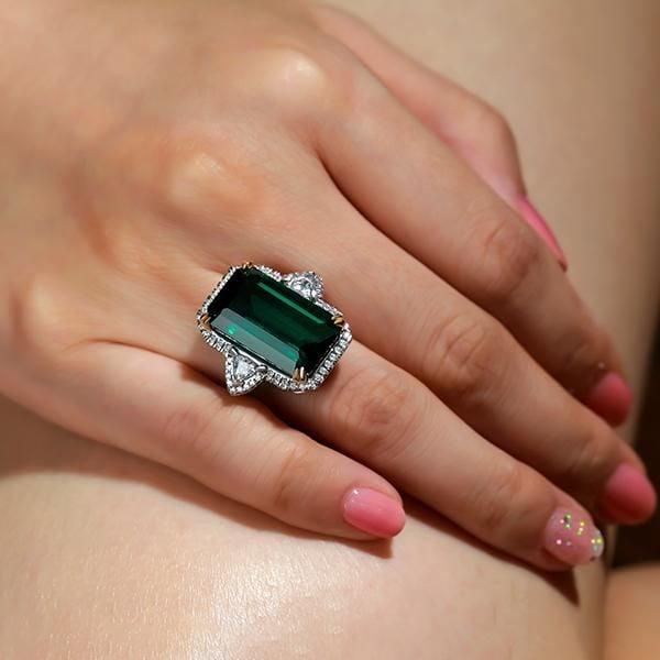 Two-Tone Emerald Cut Three Stone Halo Engagement Ring, Sterling Silver