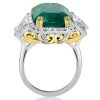 Two-Tone Emerald Cut Three Stone Halo Engagement Ring, Sterling Silver