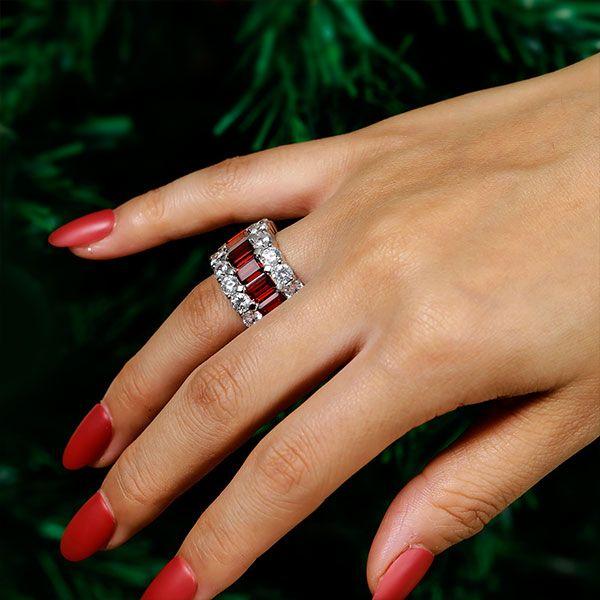 Emerald & Garnet Wedding Band - 925 Sterling Silver Half Eternity Ring