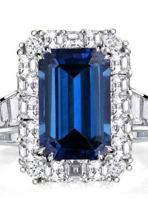 Emerald Cut Blue Sapphire Halo Ring in Sterling Silver