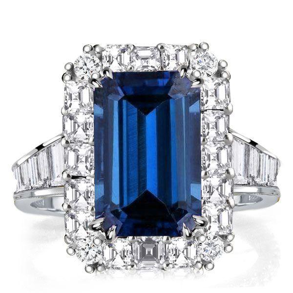 Emerald Cut Blue Sapphire Halo Ring in Sterling Silver