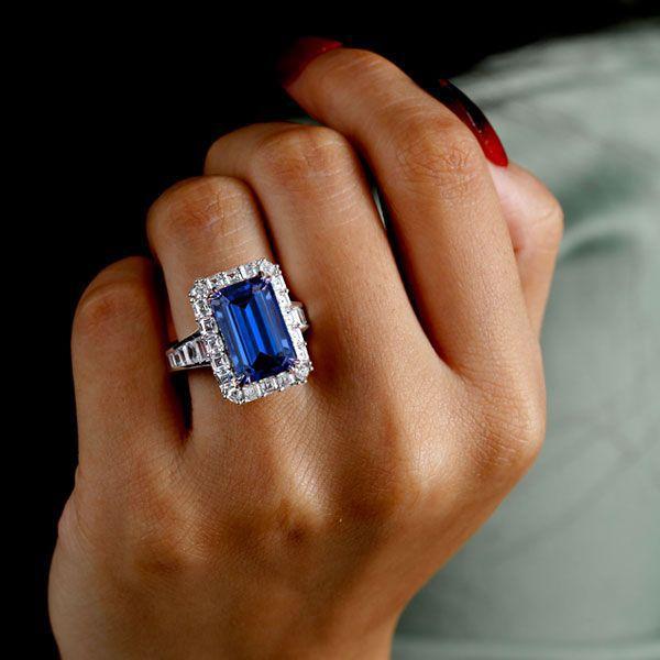 Emerald Cut Blue Sapphire Halo Ring in Sterling Silver