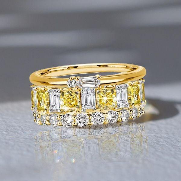 Two Tone Radiant Cut Yellow and White Sapphire Stackable Band Set in Sterling Silver
