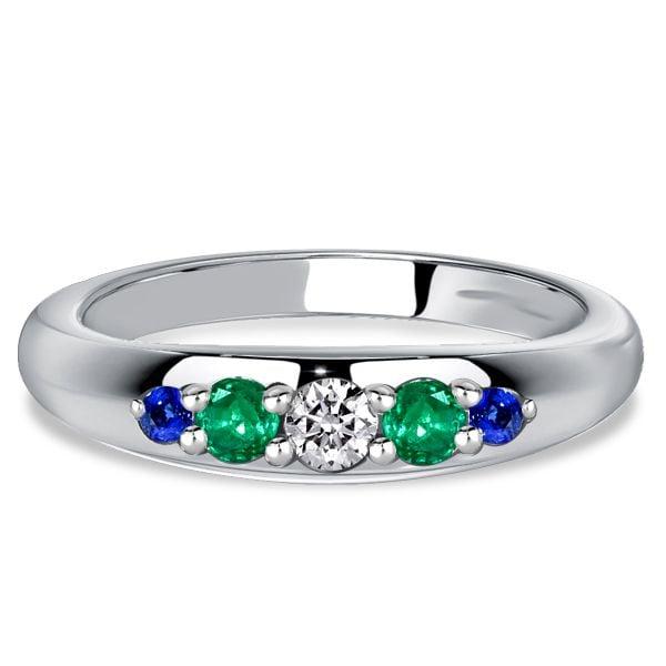 Sterling Silver 5 Stone Emerald and Blue Sapphire Half Eternity Band Ring