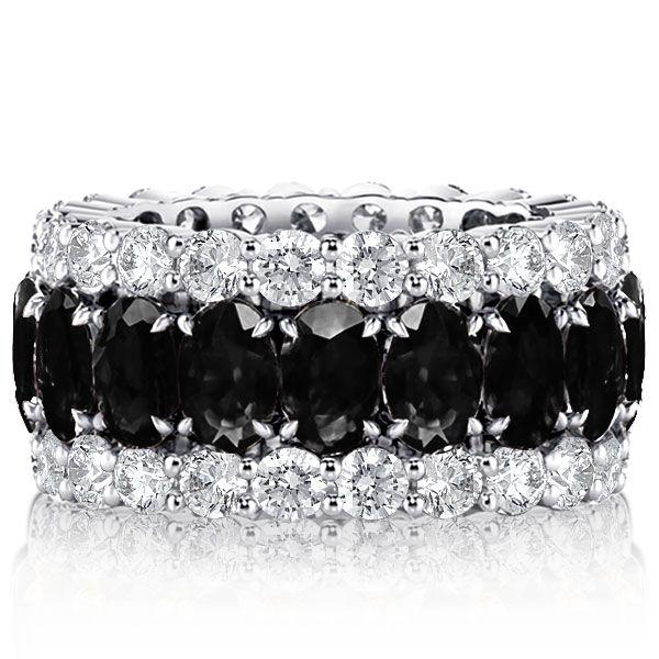 Black Sapphire Oval Cut Triple Row Wedding Band in Sterling Silver