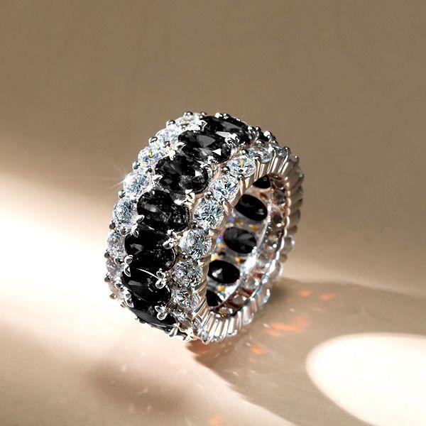 Black Sapphire Oval Cut Triple Row Wedding Band in Sterling Silver