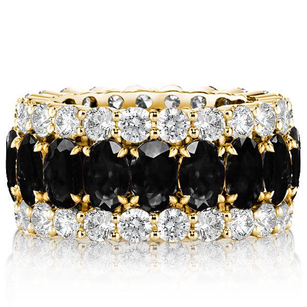 Black Sapphire Oval Cut Triple Row Wedding Band in Sterling Silver