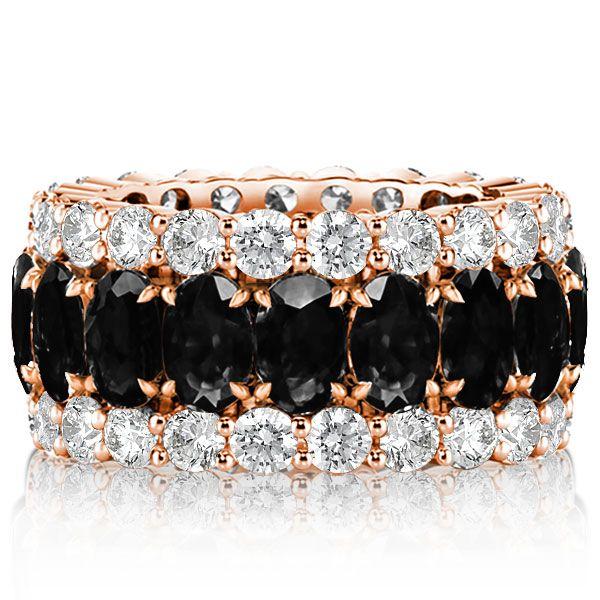 Black Sapphire Oval Cut Triple Row Wedding Band in Sterling Silver
