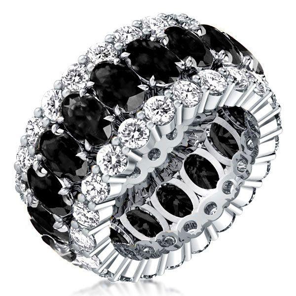 Black Sapphire Oval Cut Triple Row Wedding Band in Sterling Silver