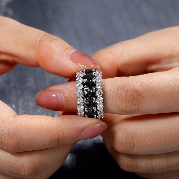 Black Sapphire Oval Cut Triple Row Wedding Band in Sterling Silver