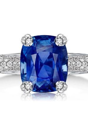 Cushion Cut Blue Sapphire Engagement Ring in Sterling Silver - Micro-Pave Setting