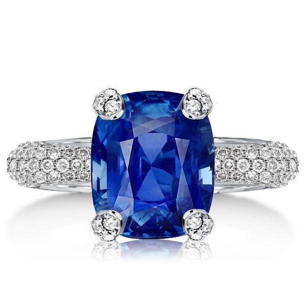 Cushion Cut Blue Sapphire Engagement Ring in Sterling Silver - Micro-Pave Setting