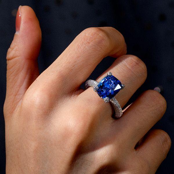 Cushion Cut Blue Sapphire Engagement Ring in Sterling Silver - Micro-Pave Setting