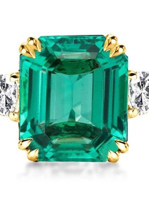Emerald Three Stone Engagement Ring - 18K Gold Plated Sterling Silver