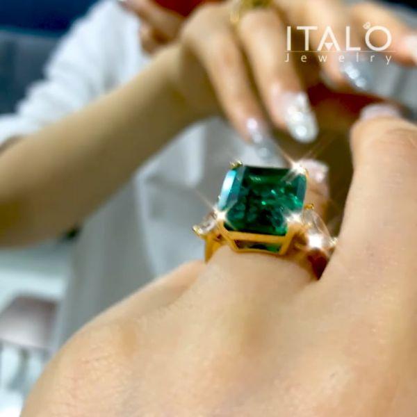 Emerald Three Stone Engagement Ring - 18K Gold Plated Sterling Silver