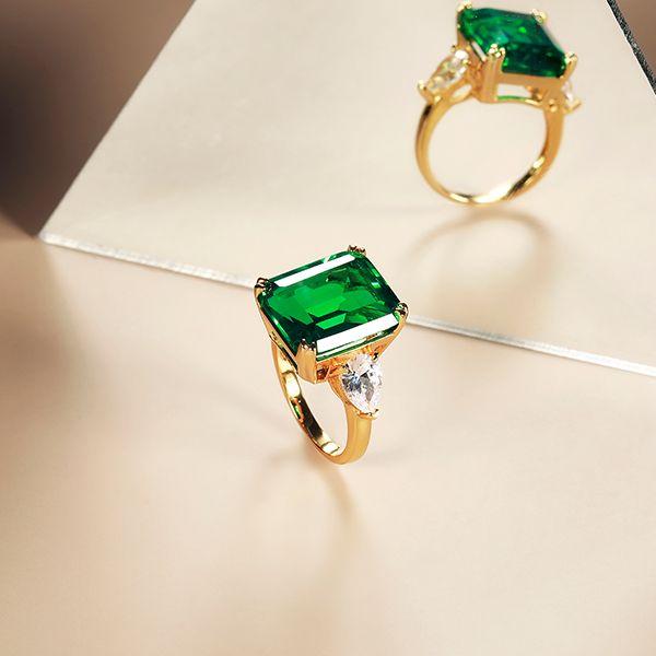 Emerald Three Stone Engagement Ring - 18K Gold Plated Sterling Silver