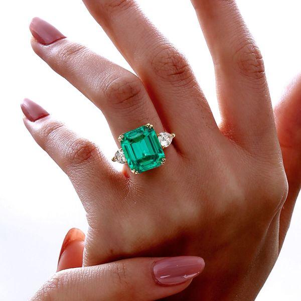 Emerald Three Stone Engagement Ring - 18K Gold Plated Sterling Silver