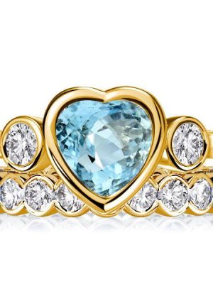 Heart Cut Aquamarine Wedding Ring Set - 18K Gold Plated Sterling Silver Bridal Rings