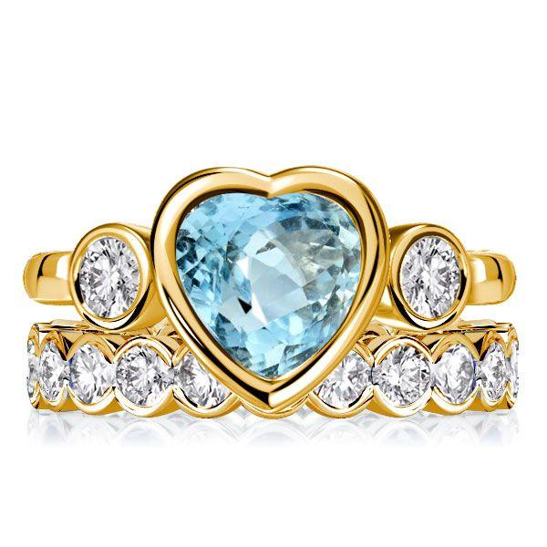 Heart Cut Aquamarine Wedding Ring Set - 18K Gold Plated Sterling Silver Bridal Rings
