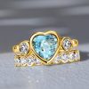 Heart Cut Aquamarine Wedding Ring Set - 18K Gold Plated Sterling Silver Bridal Rings