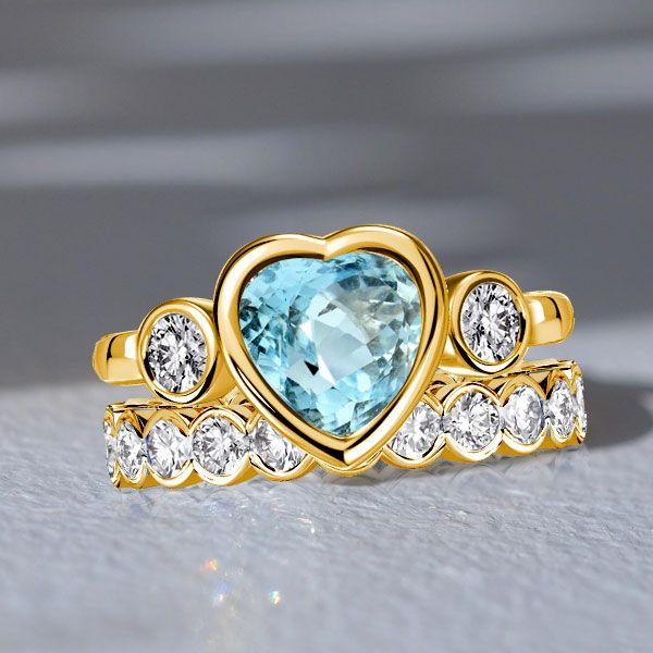 Heart Cut Aquamarine Wedding Ring Set - 18K Gold Plated Sterling Silver Bridal Rings