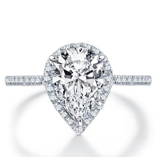 Halo Pear Created White Sapphire Engagement Ring Wedding Ring for Women - Sterling Silver
