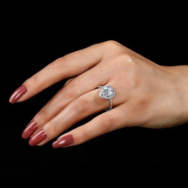 Halo Pear Created White Sapphire Engagement Ring Wedding Ring for Women - Sterling Silver