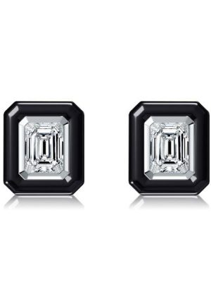 Two Tone Emerald Cut White Sapphire Stud Earrings in Rhodium Plated Sterling Silver