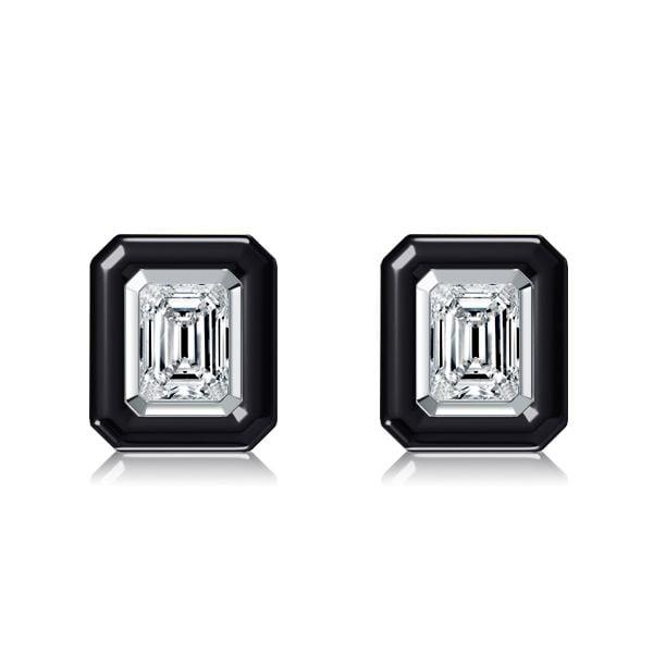 Two Tone Emerald Cut White Sapphire Stud Earrings in Rhodium Plated Sterling Silver