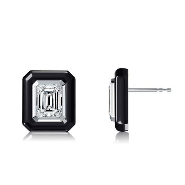Two Tone Emerald Cut White Sapphire Stud Earrings in Rhodium Plated Sterling Silver