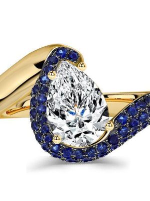 Pear-Shaped Blue Sapphire Ring - Micro Pave Sterling Silver with Gold & Black Plating