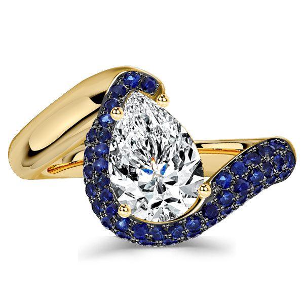 Pear-Shaped Blue Sapphire Ring - Micro Pave Sterling Silver with Gold & Black Plating
