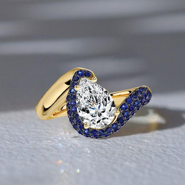 Pear-Shaped Blue Sapphire Ring - Micro Pave Sterling Silver with Gold & Black Plating