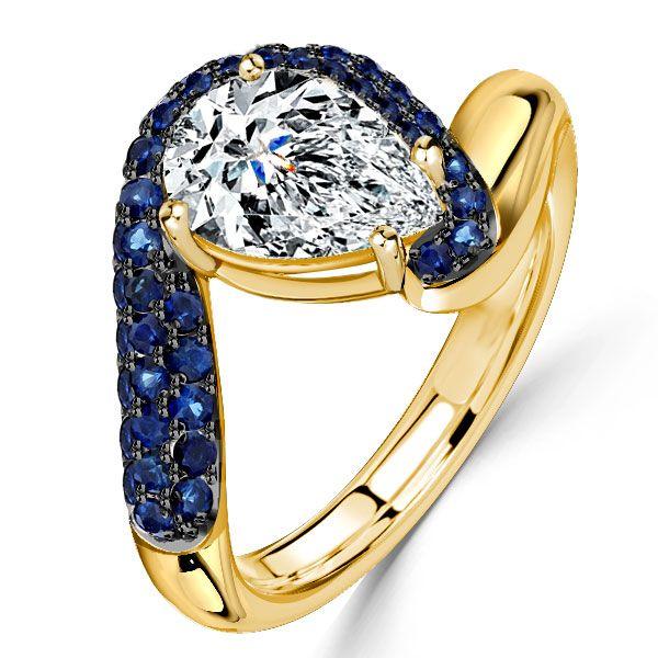 Pear-Shaped Blue Sapphire Ring - Micro Pave Sterling Silver with Gold & Black Plating