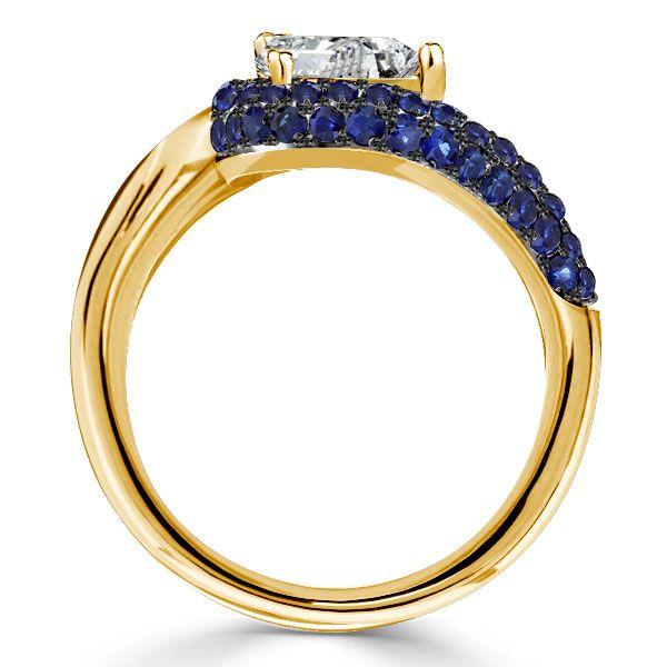 Pear-Shaped Blue Sapphire Ring - Micro Pave Sterling Silver with Gold & Black Plating