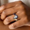 Pear-Shaped Blue Sapphire Ring - Micro Pave Sterling Silver with Gold & Black Plating
