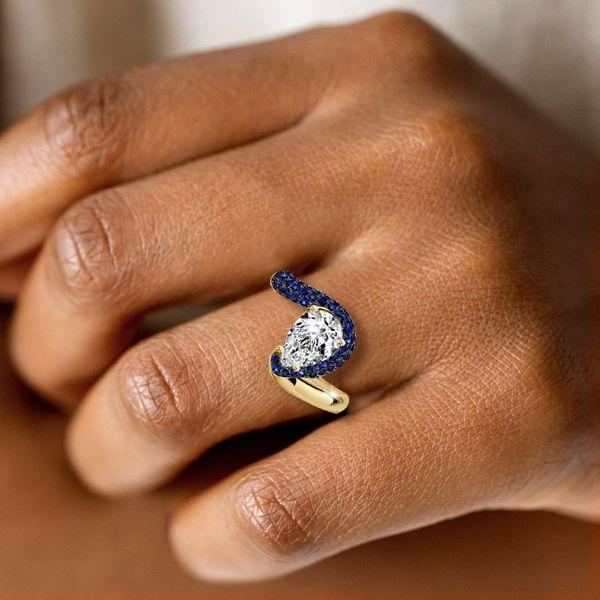 Pear-Shaped Blue Sapphire Ring - Micro Pave Sterling Silver with Gold & Black Plating