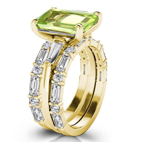 Emerald Cut Peridot Wedding Ring Set for Women in 925 Sterling Silver
