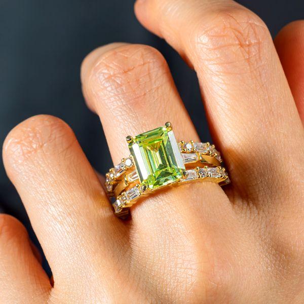 Emerald Cut Peridot Wedding Ring Set for Women in 925 Sterling Silver