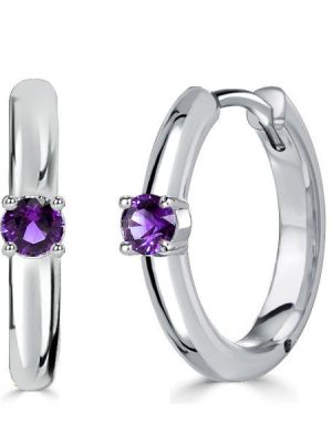 Amethyst Hoop Earrings - 925 Sterling Silver Single Stone - Women's Jewelry