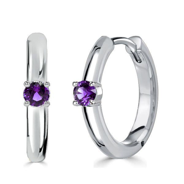 Amethyst Hoop Earrings - 925 Sterling Silver Single Stone - Women's Jewelry