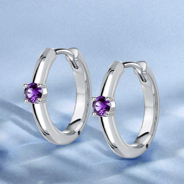 Amethyst Hoop Earrings - 925 Sterling Silver Single Stone - Women's Jewelry
