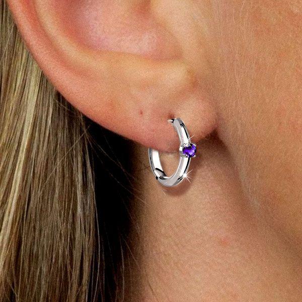 Amethyst Hoop Earrings - 925 Sterling Silver Single Stone - Women's Jewelry