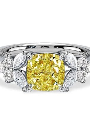 Unique Cushion Cut Yellow Topaz Engagement Ring in Rhodium Plated Sterling Silver