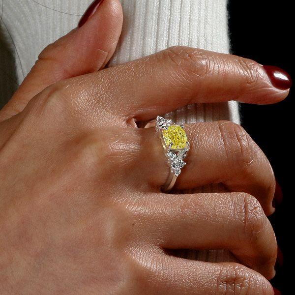 Unique Cushion Cut Yellow Topaz Engagement Ring in Rhodium Plated Sterling Silver