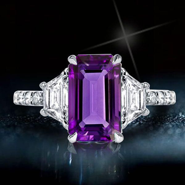 Three Stone Amethyst Engagement Ring - 925 Sterling Silver