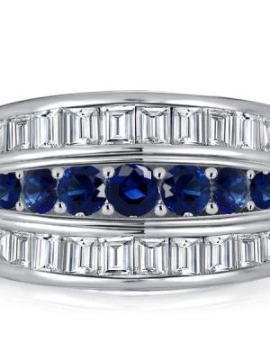 Triple Row Blue Sapphire Wedding Band 2.35CT TW Sterling Silver Anniversary Ring